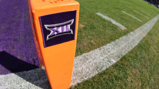 A Big 12 logo on a pylon at a Kansas State football game.