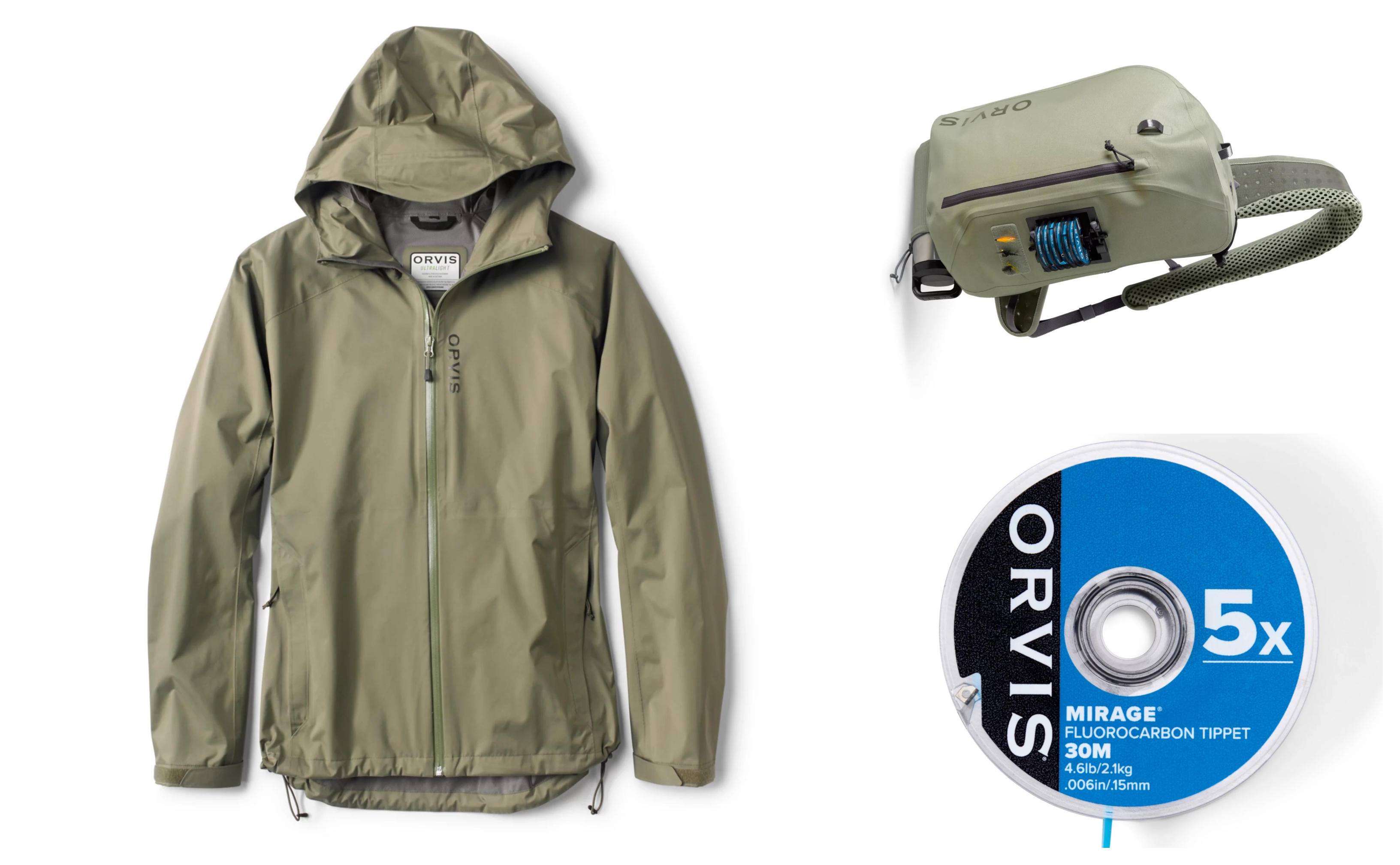 Orvis jaket, sling, and tippet
