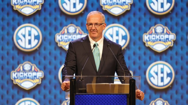 SEC commissioner Greg Sankey speaks at media days.