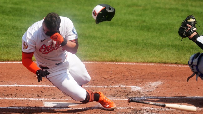 James McCann falls to the ground after being hit by a pitch.