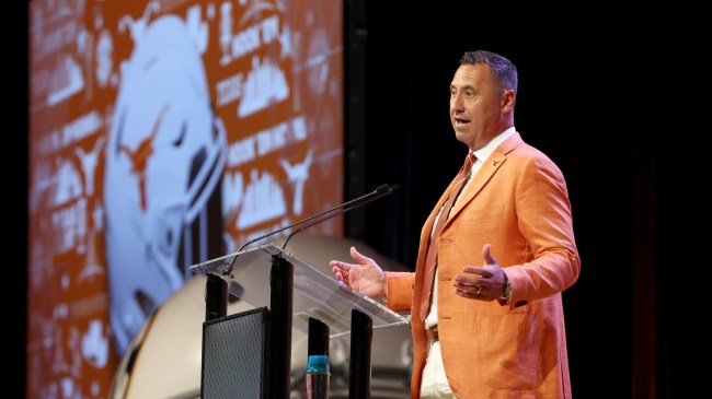 Texas football coach Steve Sarkisian speaks at SEC Media Days.