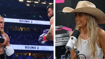 Hawk Tuah Girl Awkwardly Hangs Out With Jake Paul’s Weird Employee At Paul-Perry Fight