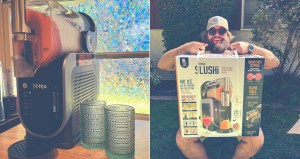 Ninja Slushi machine for making frozen slusheis at home on a kitchen counter. Man in sunglasses holding Ninja Slushi box.