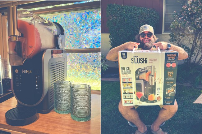Ninja Slushi machine for making frozen slusheis at home on a kitchen counter. Man in sunglasses holding Ninja Slushi box.