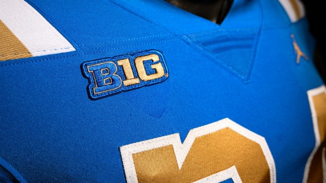A Big 10 logo on a UCLA football jersey.