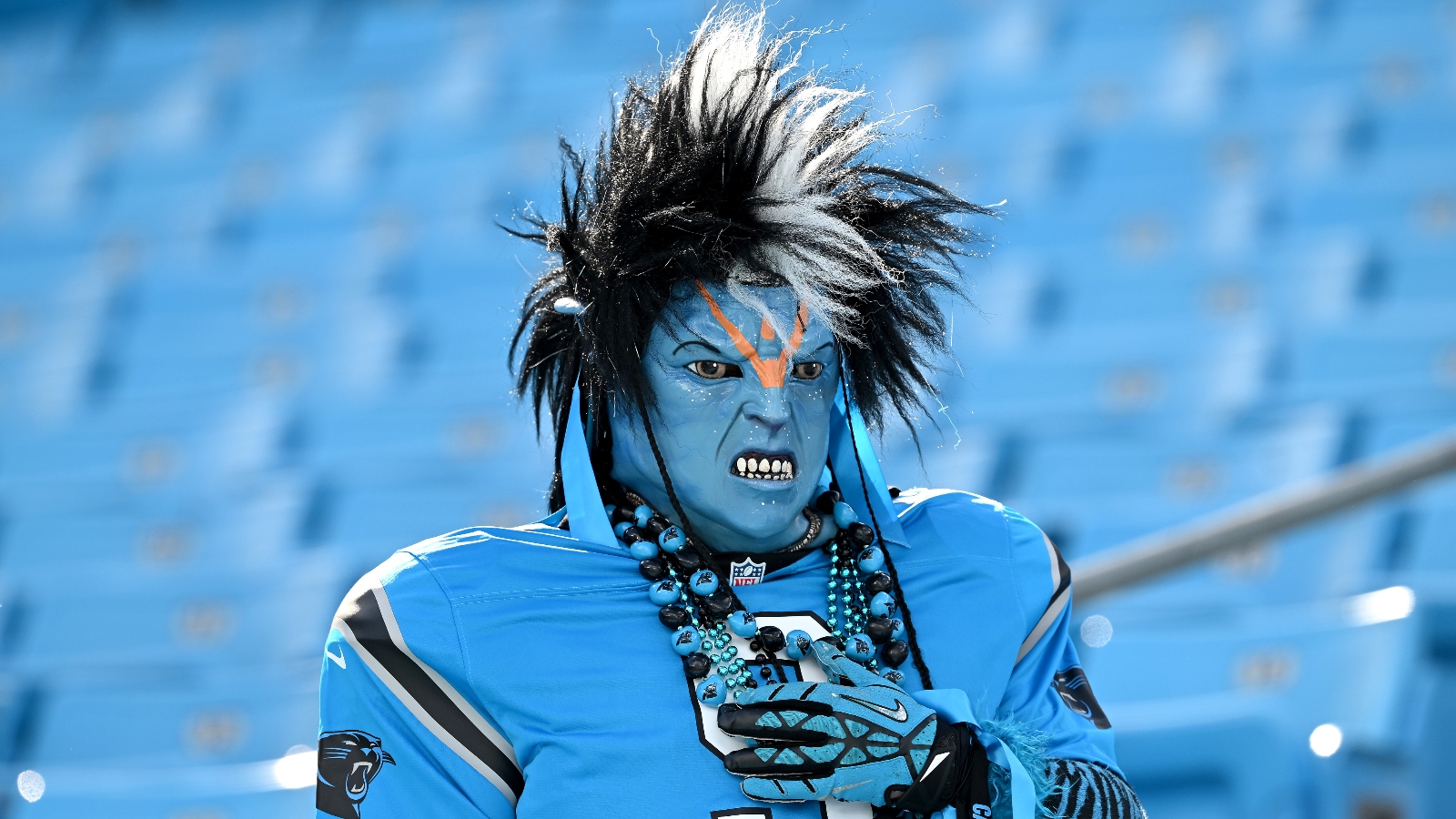 Carolina Panthers fan wearing a wig and mask