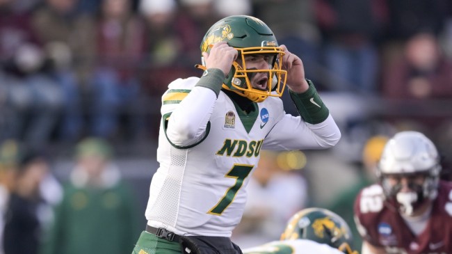 NDSU QB Cam Miller calls a play during a playoff football game vs. Montana.