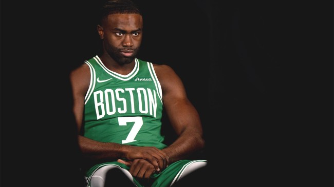 Jaylen Brown 7 of the Boston Celtics gives an interview