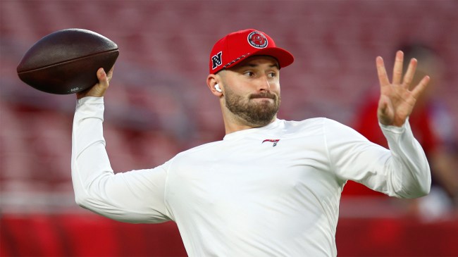 Baker Mayfield 6 of the Tampa Bay Buccaneers warms up prior to a game