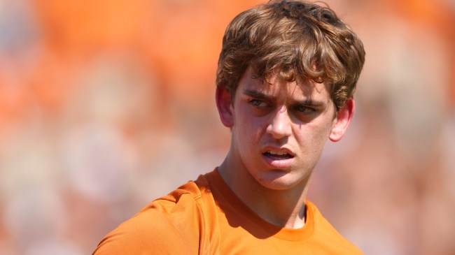 Texas QB Arch Manning on the field before a game.