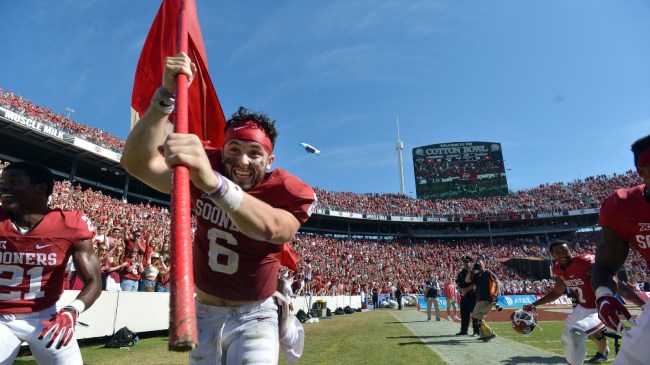 Oklahoma QB Baker Mayfield celebrates a Red River Rivalry win.