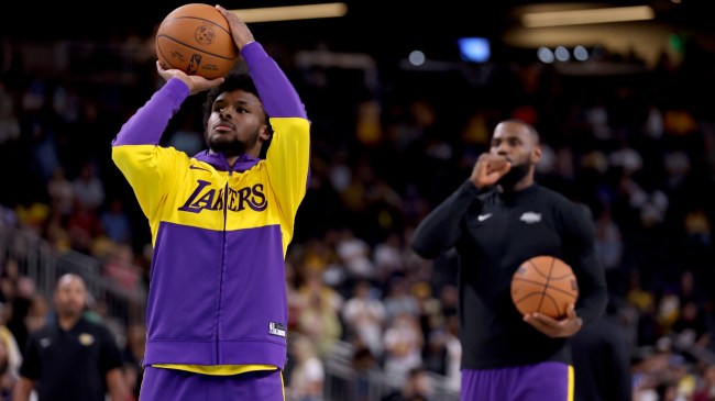 Bronny James warms up for the Los Angeles Lakers.