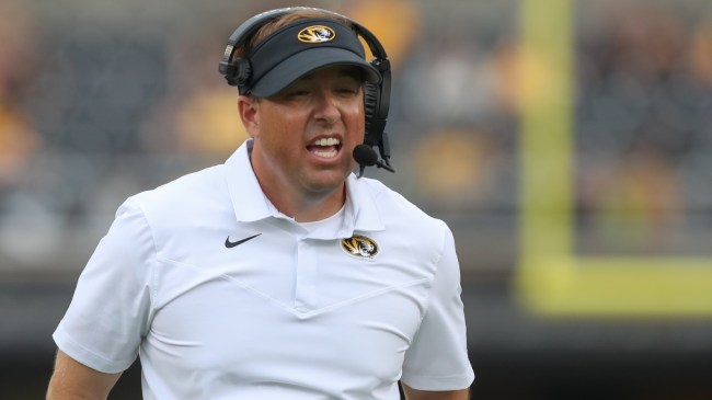 Missouri football coach Eli Drinkwitz yells from the sidelines.