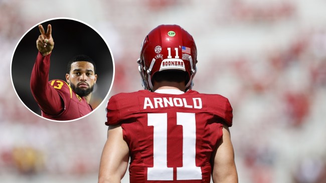 Oklahoma QB Jackson Arnold pictured next to former Sooner Caleb Williams.