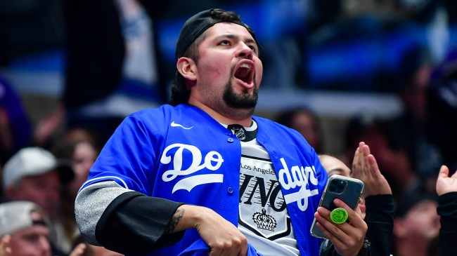 Los Angeles Kings fan wearing Dodgers jersey