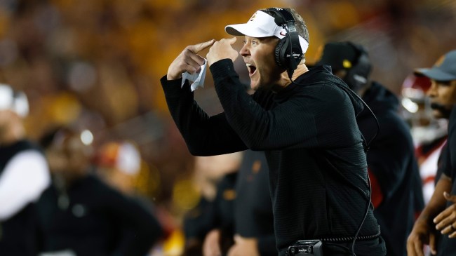 USC football coach Lincoln Riley reacts on the sidelines during a game vs. Minnesota.