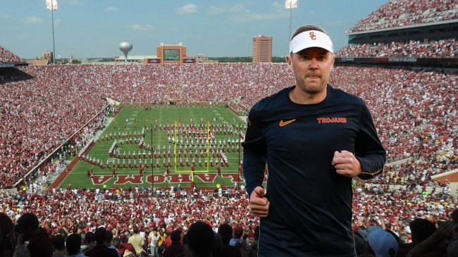 Lincoln Riley pictured with a view of Gaylord Family - Oklahoma Memorial Stadium in the background.