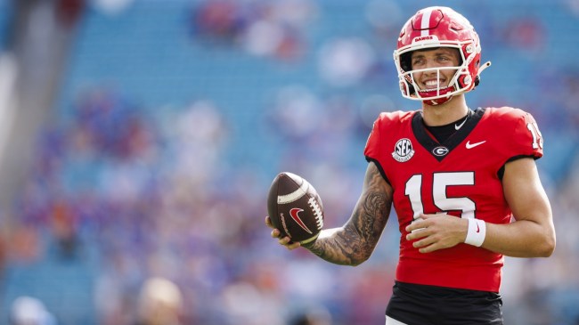 Georgia QB Carson Beck warms up before a game vs. Florida.