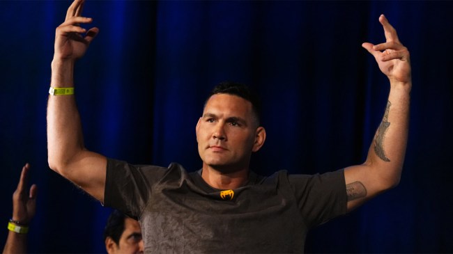 Chris Weidman walks on stage during the UFC 309 ceremonial weigh-in