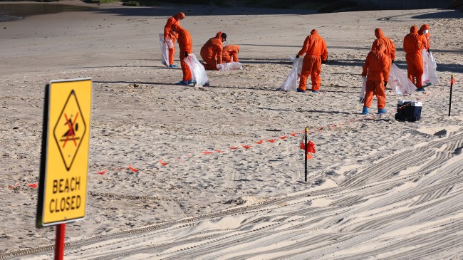 Crew cleaning up tar balls on beach in Australia