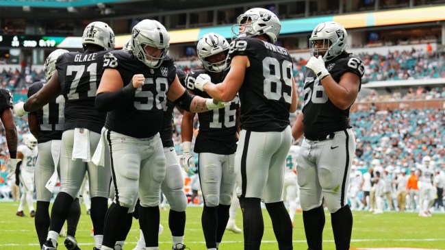 Raiders TE Brock Bowers celebrates after scoring a touchdown.