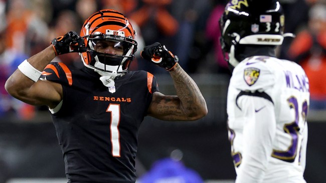 Ja'Marr Chase celebrates while playing Ravens