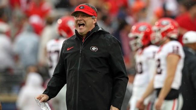 Georgia football coach Kirby Smart yells from the sidelines.