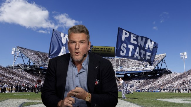 Pat McAfee pictured over a background of Penn State's Beaver Stadium.