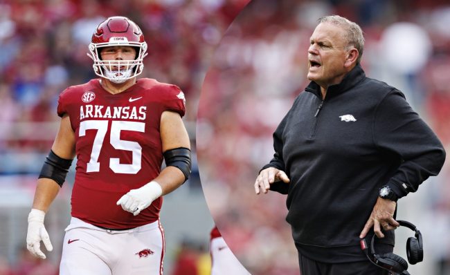 Arkansas football coach Sam Pittman pictured next to OL Patrick Kutas.