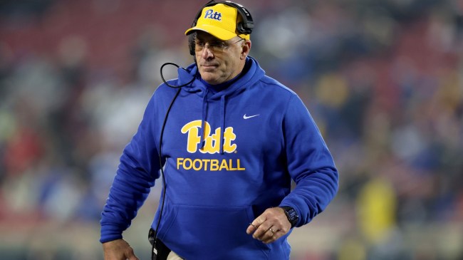 Pitt football coach Pat Narduzzi on the field during a game.