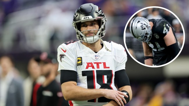 Atlanta Falcons QB Kirk Cousins pictured beside Las Vegas Raiders LB Robert Spillane.