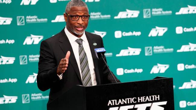 Aaron Glenn is introduced as the new head coach of the New York Jets at a press conference at the Atlantic Health Jets Training Center on Jan. 27, 2025. Glenn, who played eight seasons with the Jets, had been the Lions' defensive coordinator since 2021.