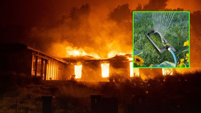 A home in the Highland neighborhood burns in the Palisades Fire, on January 8, 2025 in the Pacific Palisades community of Los Angeles, California. 