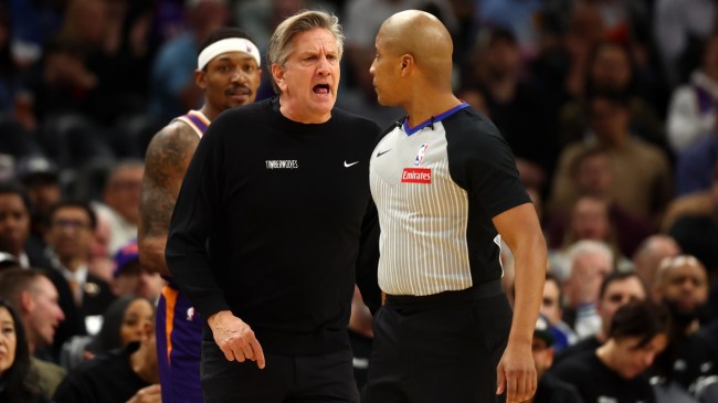Minnesota Timberwolves coach Chris Finch yells at an official.