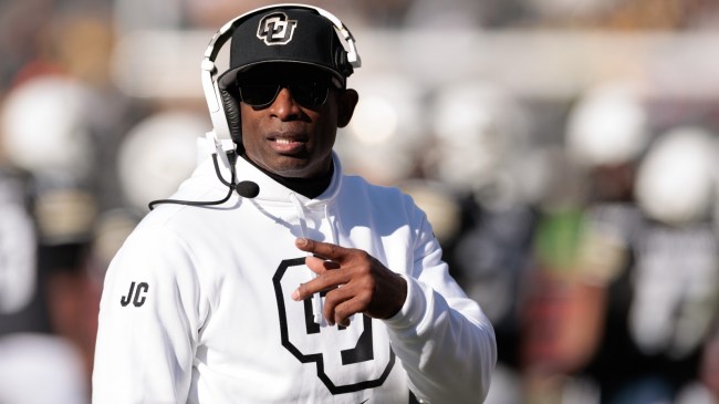 Colorado football coach Deion Sanders on the sidelines during a game.