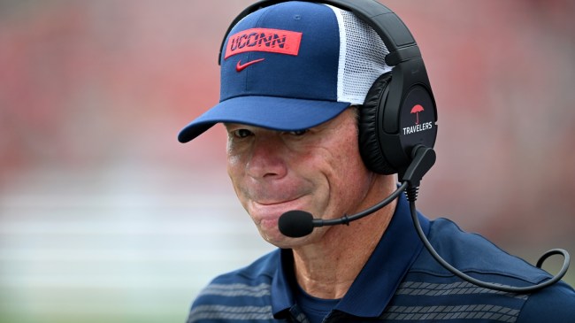 UConn football coach Jim Mora on the sidelines.