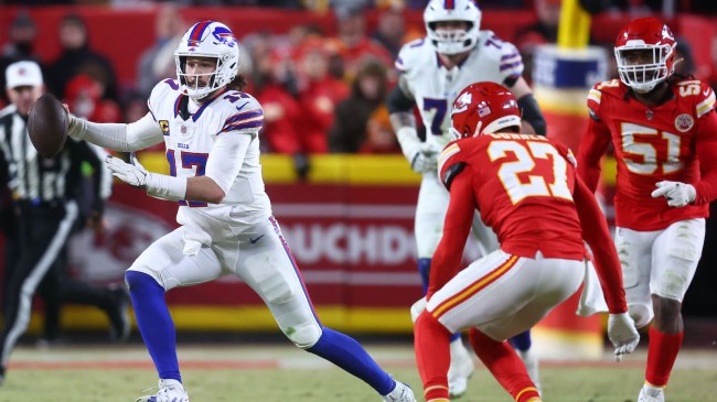 Jan 26, 2025; Kansas City, MO, USA; Buffalo Bills quarterback Josh Allen (17) rushes the ball past Kansas City Chiefs safety Chamarri Conner (27) during the second half in the AFC Championship game at GEHA Field at Arrowhead Stadium. Mandatory Credit: Mark J. Rebilas-Imagn Images