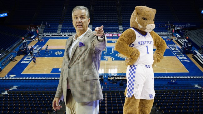 Arkansas coach John Calipari pictured beside the Kentucky basketball mascot.