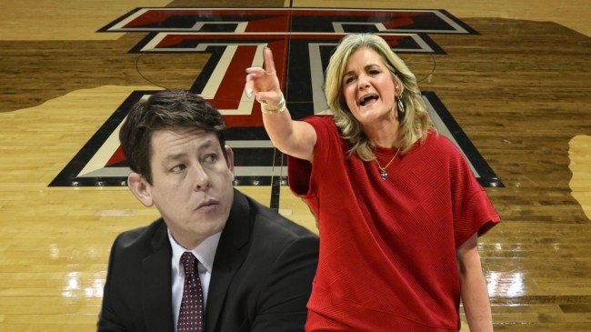 Texas Tech women's basketball coach Krista Gerlich pictured beside West Virginia assistant JC Carter.