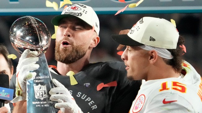 Chiefs stars Travis Kelce and Patrick Mahomes with Lombardi Trophy after Super Bowl