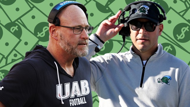 UAB football coach Trent Dilfer pictured beside Tulane coach Jon Sumrall.