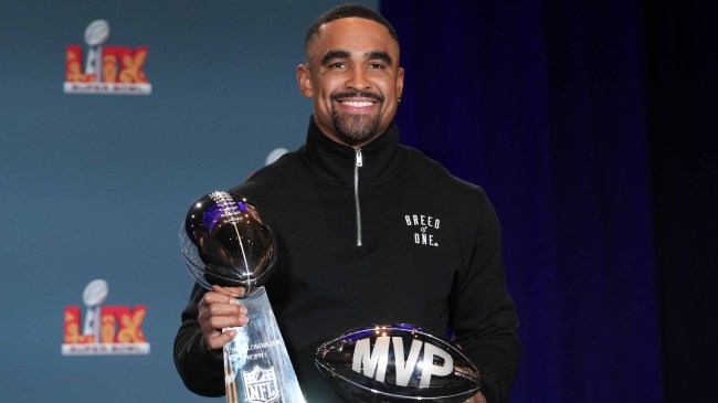 Feb 10, 2025; New Orleans, LA, USA; Philadelphia Eagles quarterback Jalen Hurts (1) poses with the Vince Lombardi trophy at the Super Bowl LIX Winning Head Coach and Most Valuable Player press conference at the Ernest N. Morial Convention Center. Mandatory Credit: Kirby Lee-Imagn Images
