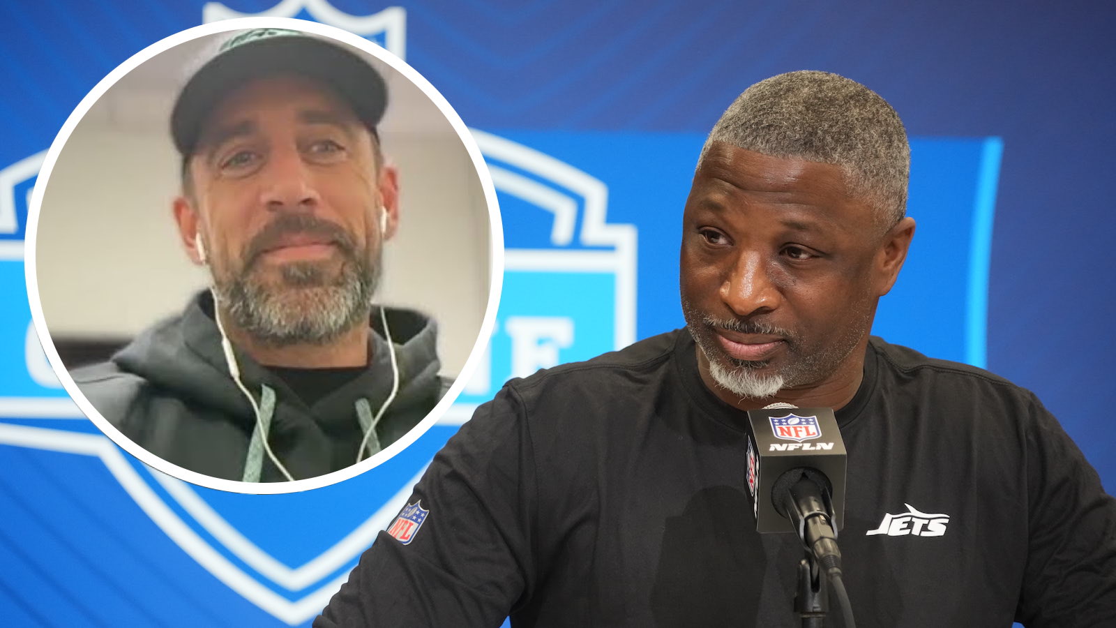 Feb 25, 2025; Indianapolis, IN, USA; New York Jets coach Aaron Glenn speaks during the NFL Scouting Combine at the Indiana Convention Center. Mandatory Credit: Kirby Lee-Imagn Images