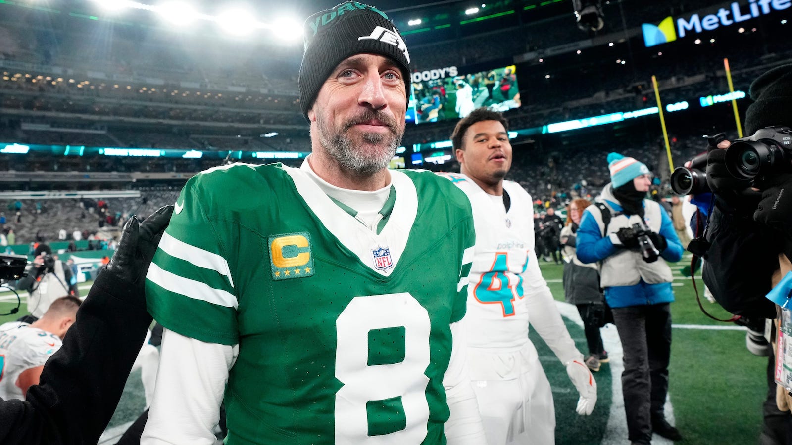 New York Jets quarterback Aaron Rodgers (8) is shown after he led Gang Green to a 32-20 victory against the Miami Dolphins, on Jan. 5, 2025, in East Rutherford, N.J.