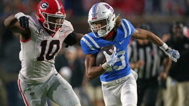 Ole Miss WR Cayden Lee runs with the ball against Georgia.