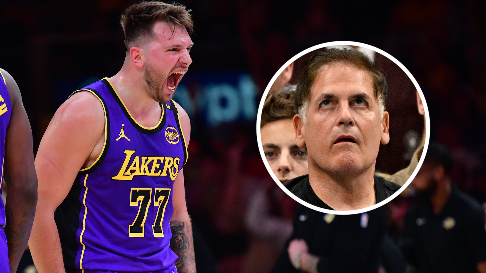 Feb 25, 2025; Los Angeles, California, USA; Los Angeles Lakers guard Luka Doncic (77) reacts against the Dallas Mavericks during the first quarter at Crypto.com Arena. Mandatory Credit: Gary A. Vasquez-Imagn Images