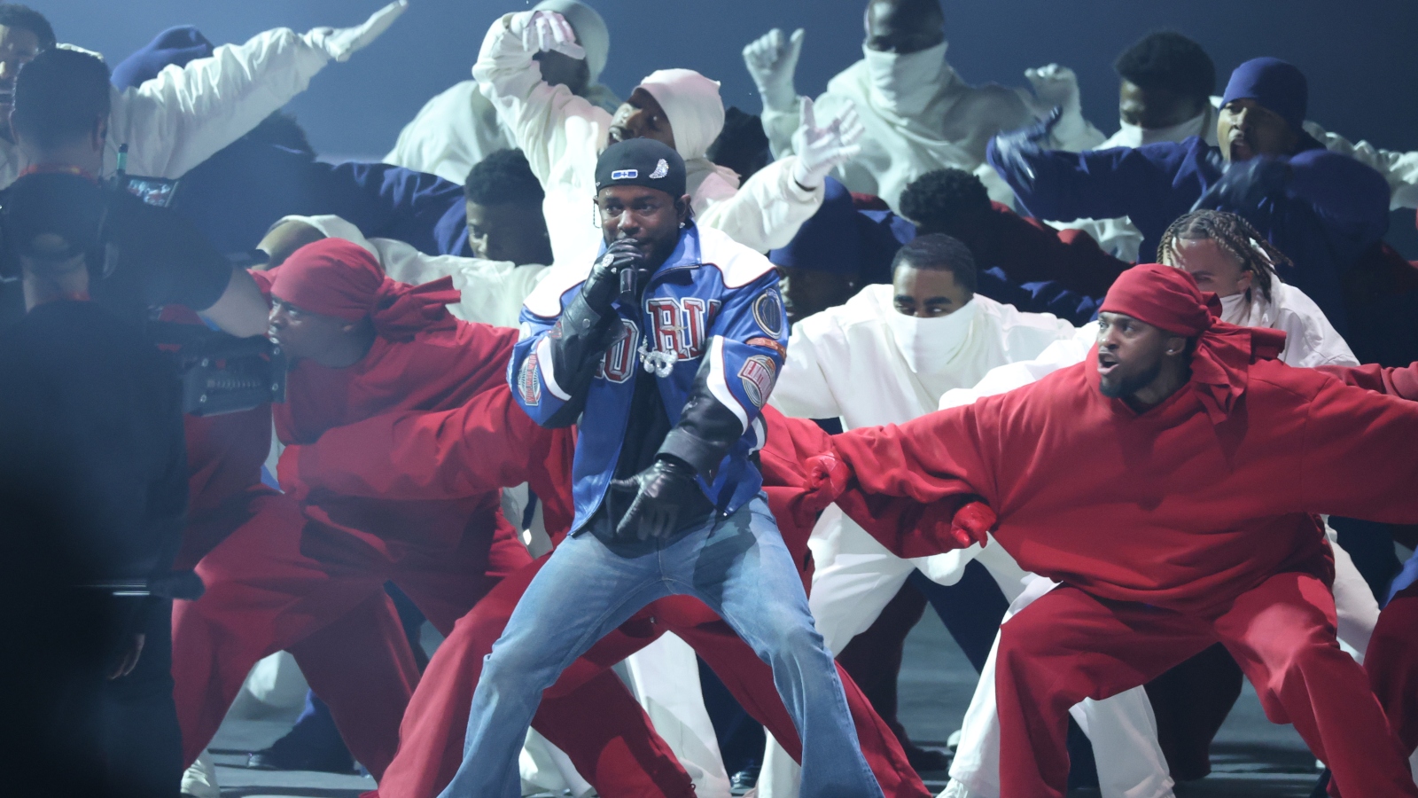 Kendrick Lamar performing during Super Bowl Halftime Show