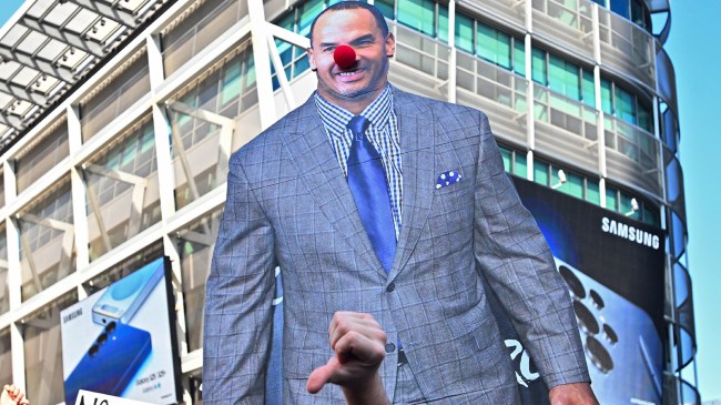 Mavericks GM Nico Harrison with clown nose during protest over Luka Doncic trade