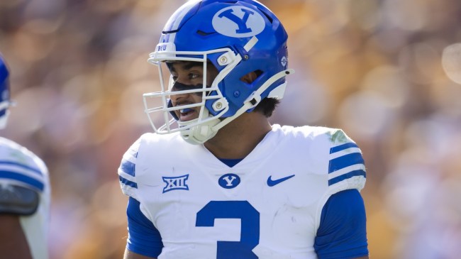 BYU football player Raider Damuni on the field.