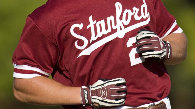 A Stanford baseball player runs the bases.